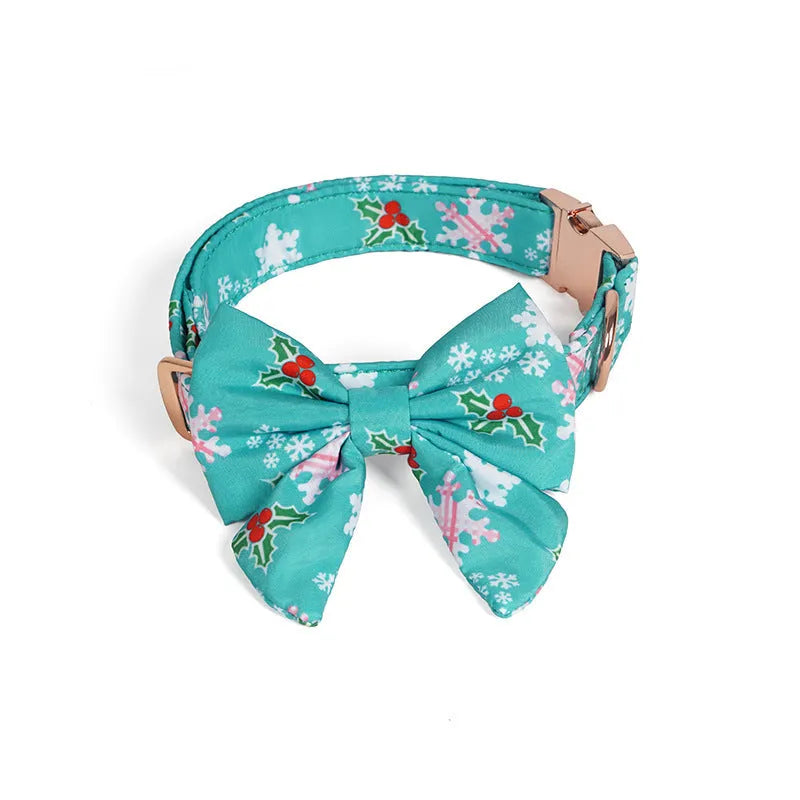Pure cotton dog necklace with removable red bow tie on a light background showing size options
