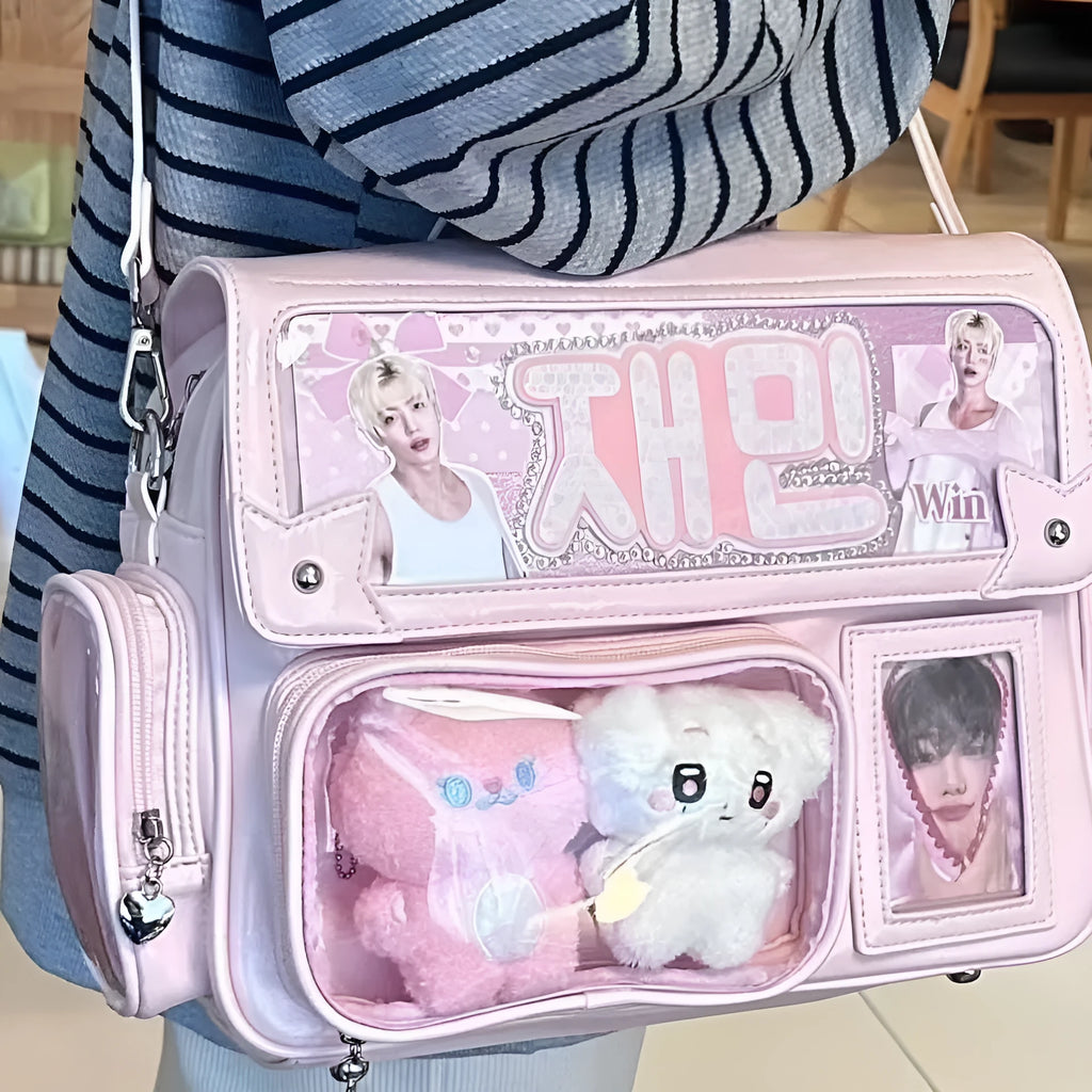 Hidden light plate cartoon crossbody bag in pink PU with stitching and lock, for leisure travel
