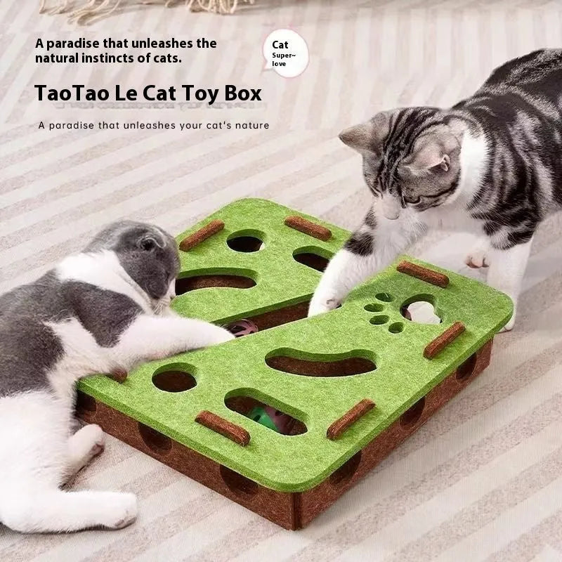 Cat self-hi toy felt box measuring 30cm wide with central relieving hole in camel white colour