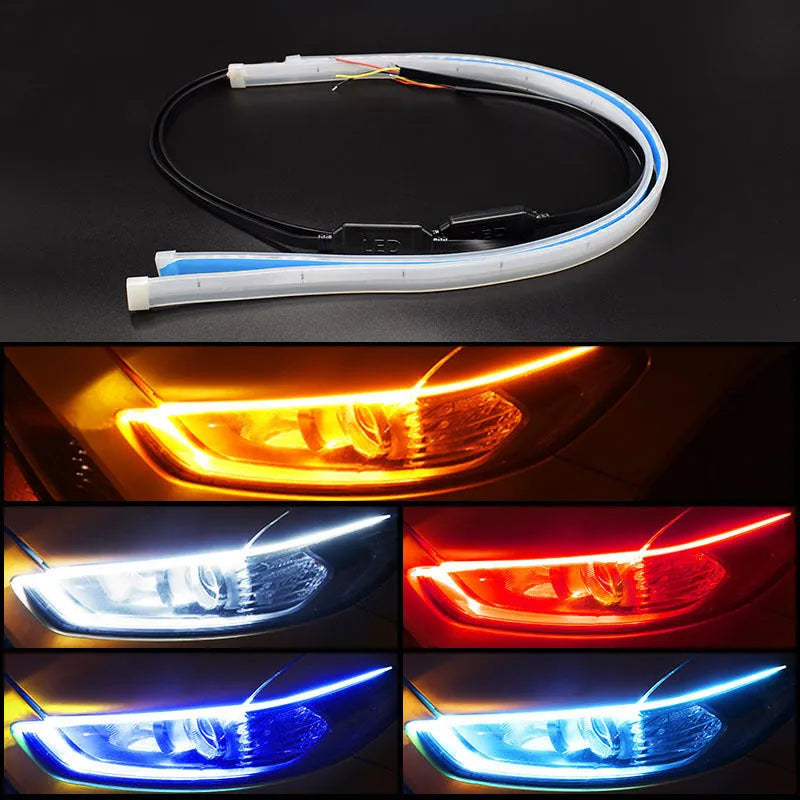 Waterproof silicone car LED daytime running light and flowing turn signal strip in multiple colours.