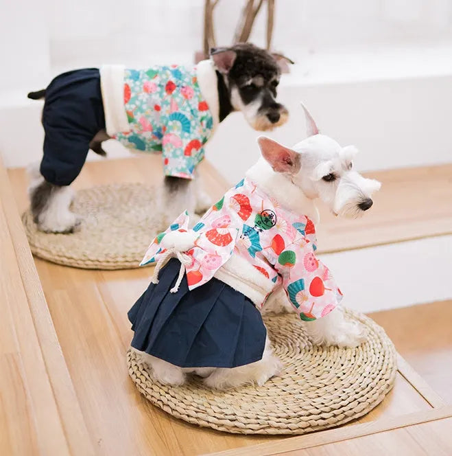 Winter dog coat in Japanese kimono style with cotton polyester fabric, available in sizes XS to 2XL for small and large breeds