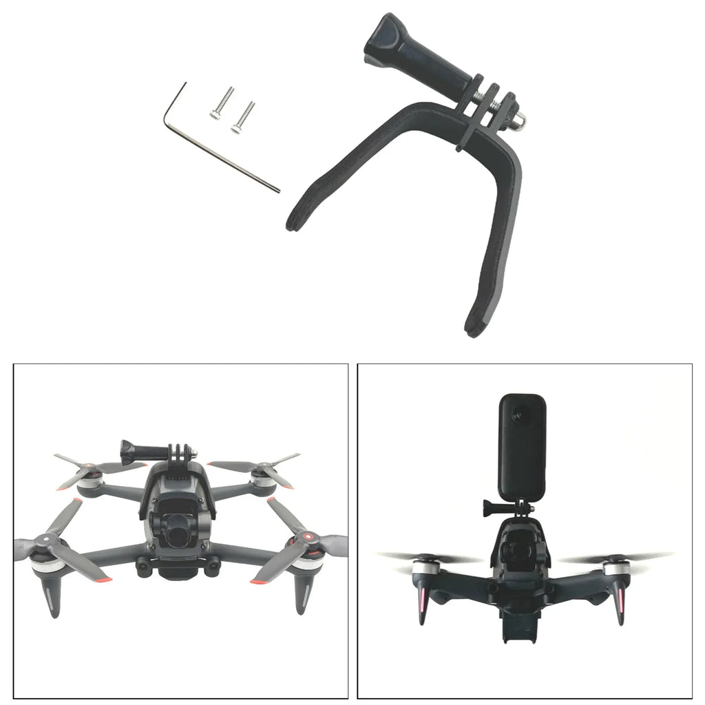 3D-printed hard plastic expansion bracket with sponge pad for drone and GoPro action camera mounting.
