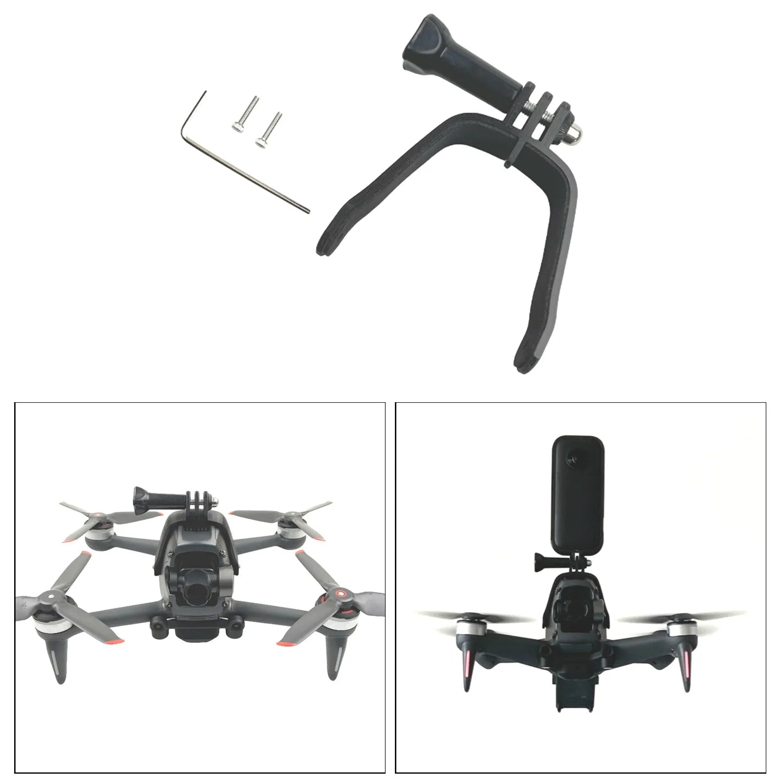 3D-printed hard plastic expansion bracket with sponge pad for drone and GoPro action camera mounting.