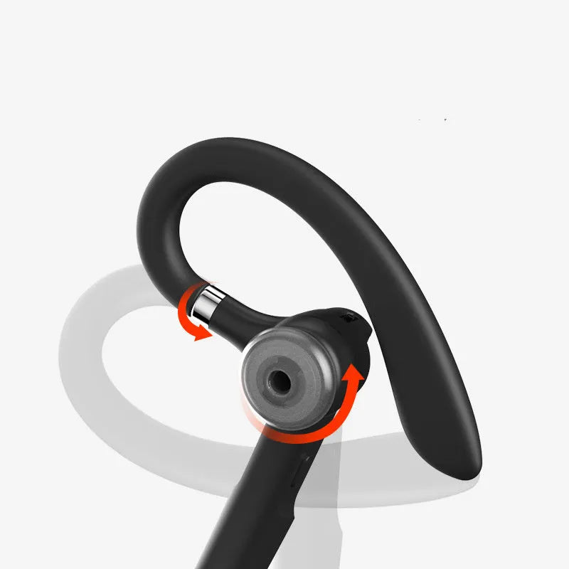 Black mono Bluetooth headset with hanging ear hook and IPX6 waterproof rating.