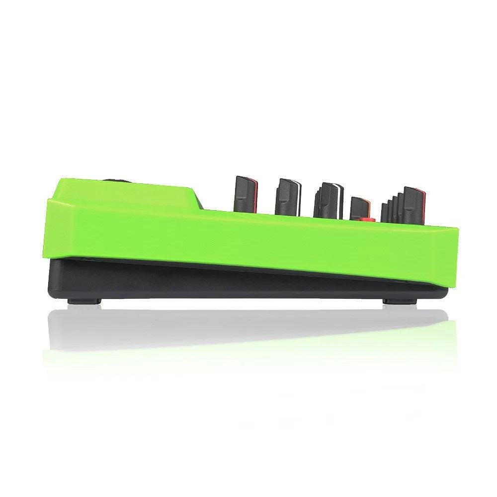 Reverb audio processor unit with USB port, power adapter, and cables, in green, red, or yellow finish.