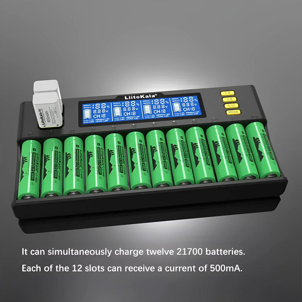 LiitoKala Lii-S12 12-slot LCD battery charger with black housing, size 28.7x14.3x3.5cm, for 18650 26650 AA AAA 9V batteries