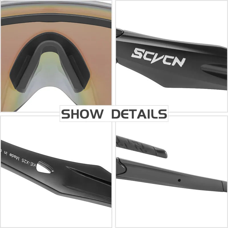 Frameless windproof sports goggles with a colourful one-piece lens on a neutral background.