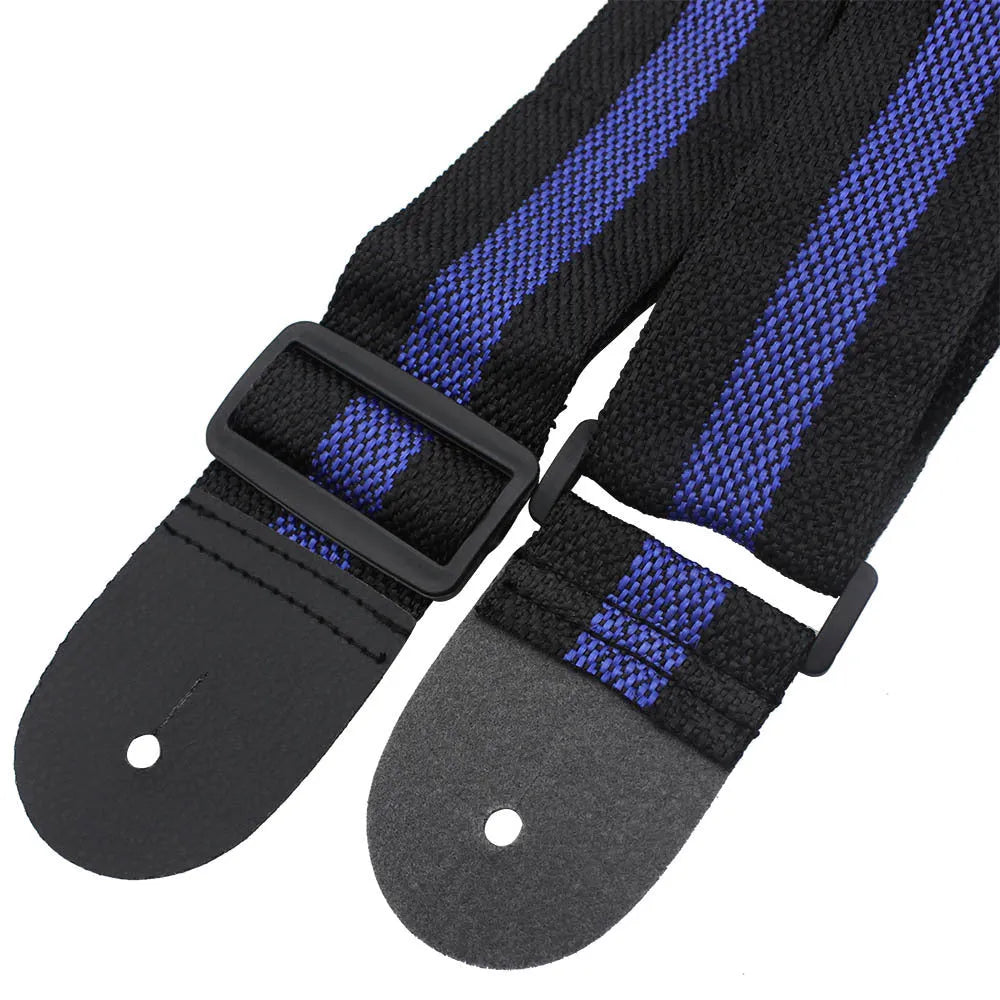 Universal woven crossbody strap for guitar, bass, or ukulele in red, showing clip and adjustable buckle on 110cm length.