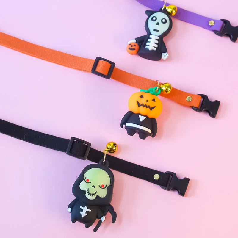 Halloween dog collar decoration in luminous Pumpkin Man design on adjustable polyester strap.