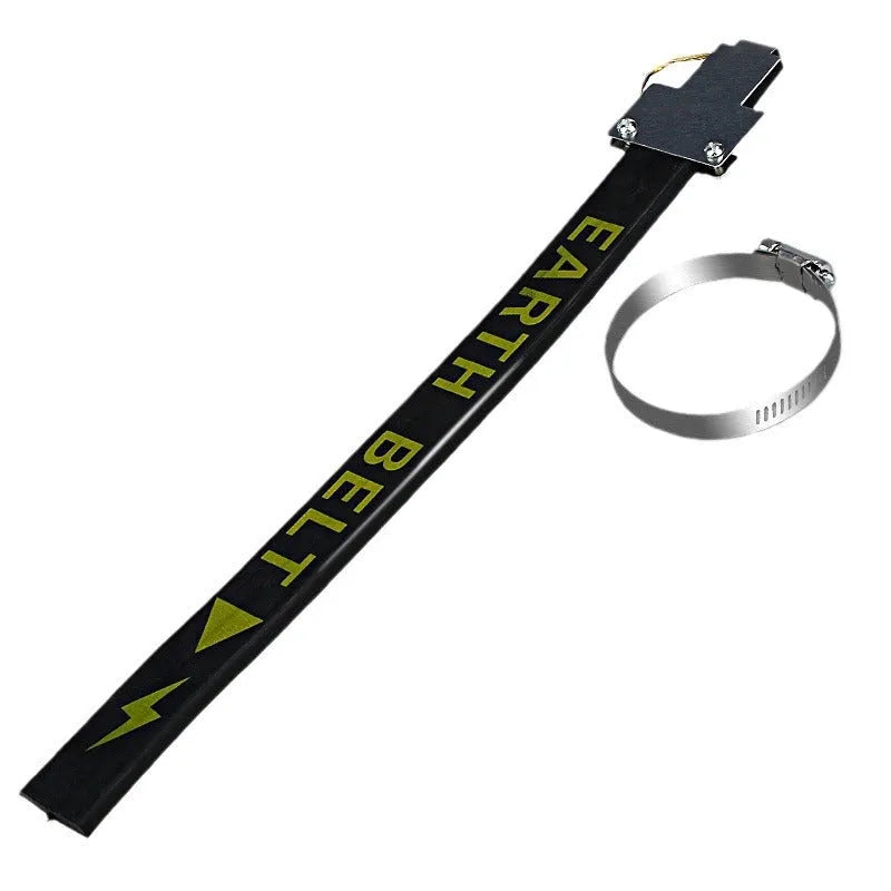 Black car electrostatic grounding belt, 37cm long with metal hook, shown against a vehicle tyre.