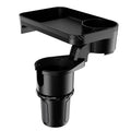 Black car cup holder with an integrated rotating dinner tray, shown in a vehicle.