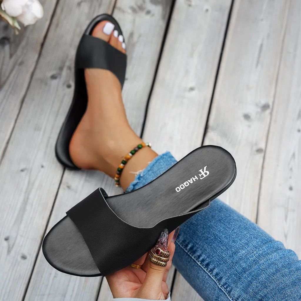 Fashion fish mouth flat slides slippers for women in black, artificial PU sole, summer beach sandal