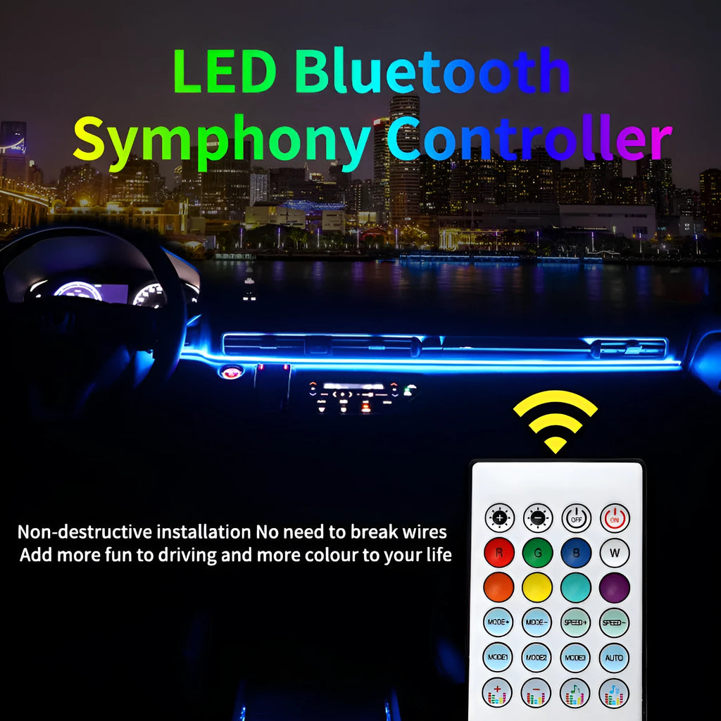 110 cm long aluminium alloy car ambience light strip with remote control on a car dashboard.