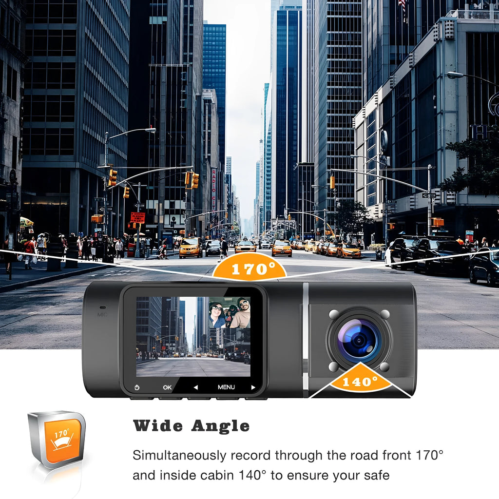 Standard black dual-channel car dash cam with 1.5-inch screen, rear camera, mount, and car charger on box.