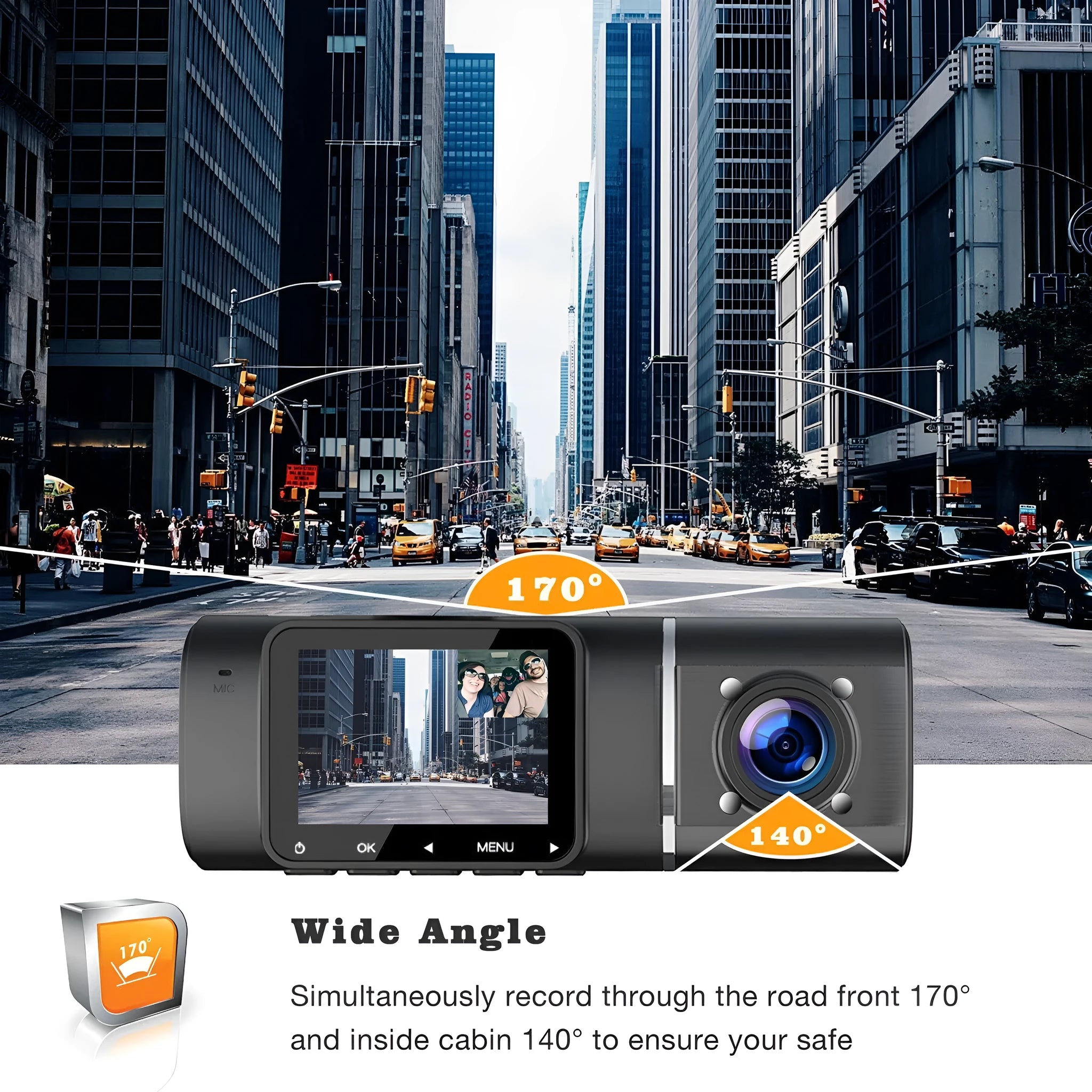 Standard black dual-channel car dash cam with 1.5-inch screen, rear camera, mount, and car charger on box.