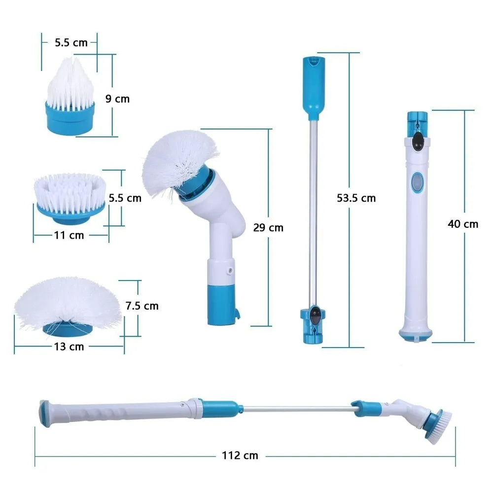 Blue rechargeable electric cleaning brush with retractable handle, three brush heads, and cordless spin scrubber design