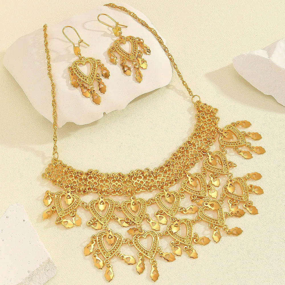 3 piece gold alloy heart shaped hollow necklace and earrings set for women