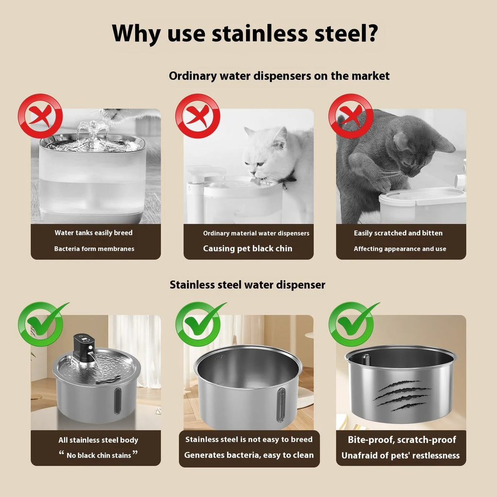 Stainless steel cat water fountain with heating base on a table.