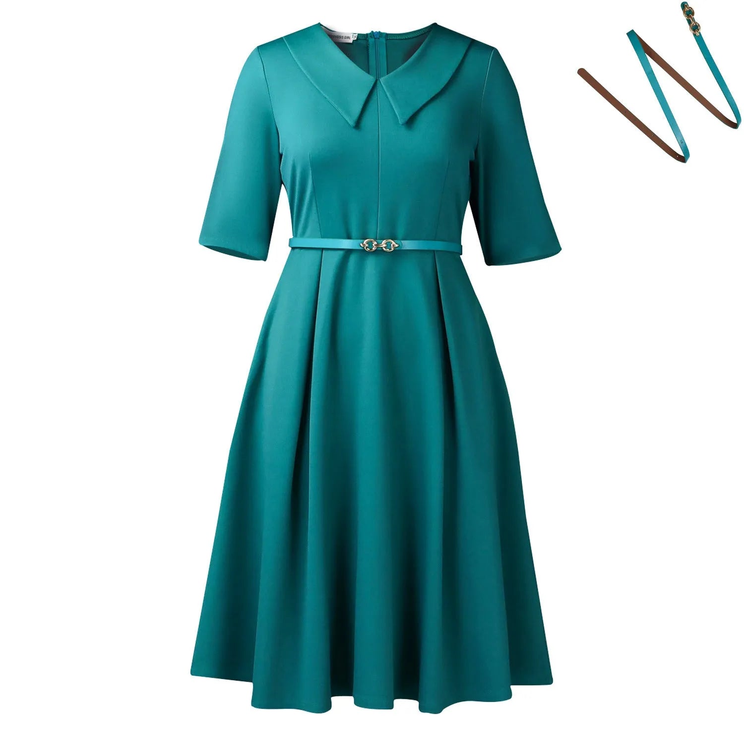 African half-sleeve dress with matching belt in solid colours showing high waist design
