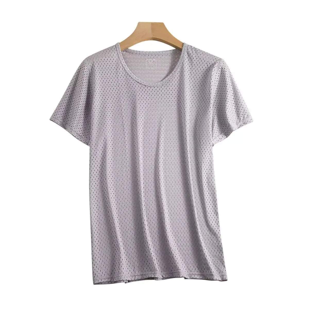 Men's loose fit ice silk short sleeve t-shirt in grey, showing crew neck and mesh fabric texture.