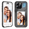 Black iPhone 15 Pro Max flip phone case showing NFC chip and custom ink screen on cover.