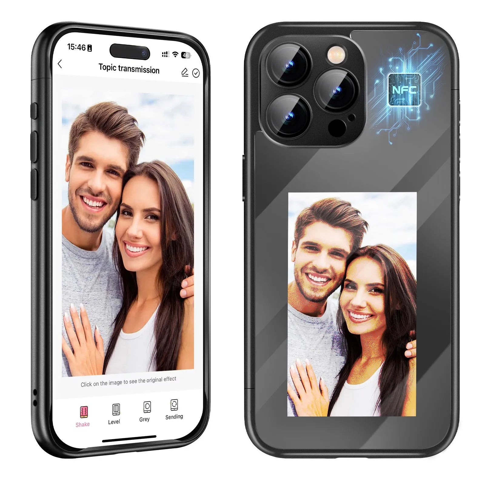 Black iPhone 15 Pro Max flip phone case showing NFC chip and custom ink screen on cover.