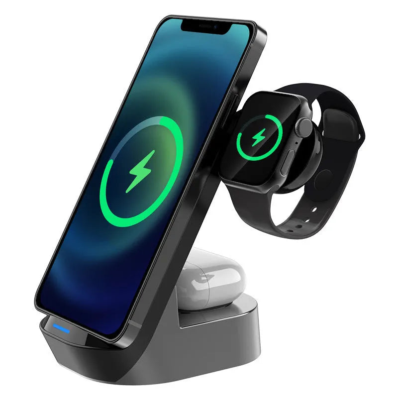 Space grey foldable 3-in-1 wireless charger stand with phone, smartwatch, and earbuds case charging simultaneously.
