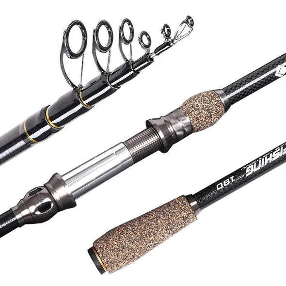 Flame carbon telescopic sea rod in collapsed and extended lengths, with carbon and aluminium alloy construction for shore and boat fishing.