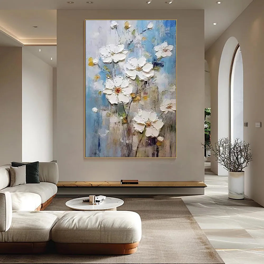 Handmade oil painting canvas wall art with thick 3D texture white modern abstract flowers