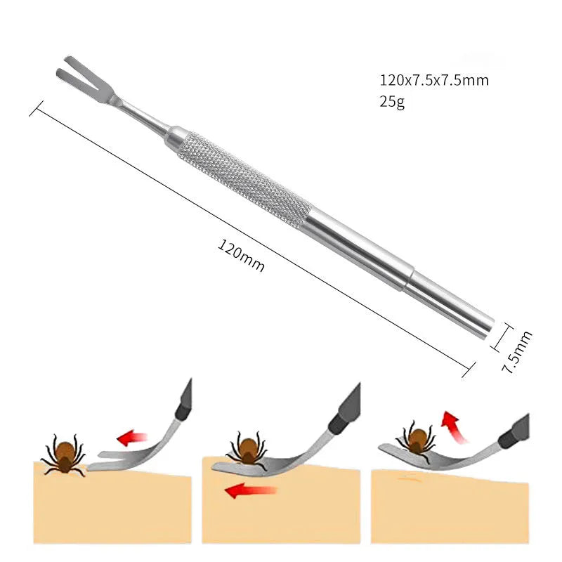 Silver stainless steel tick removal tool with fine precision tips for pets