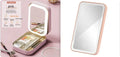 Portable makeup storage box with LED light mirror in cherry blossom pink, showing touch control and storage compartment.