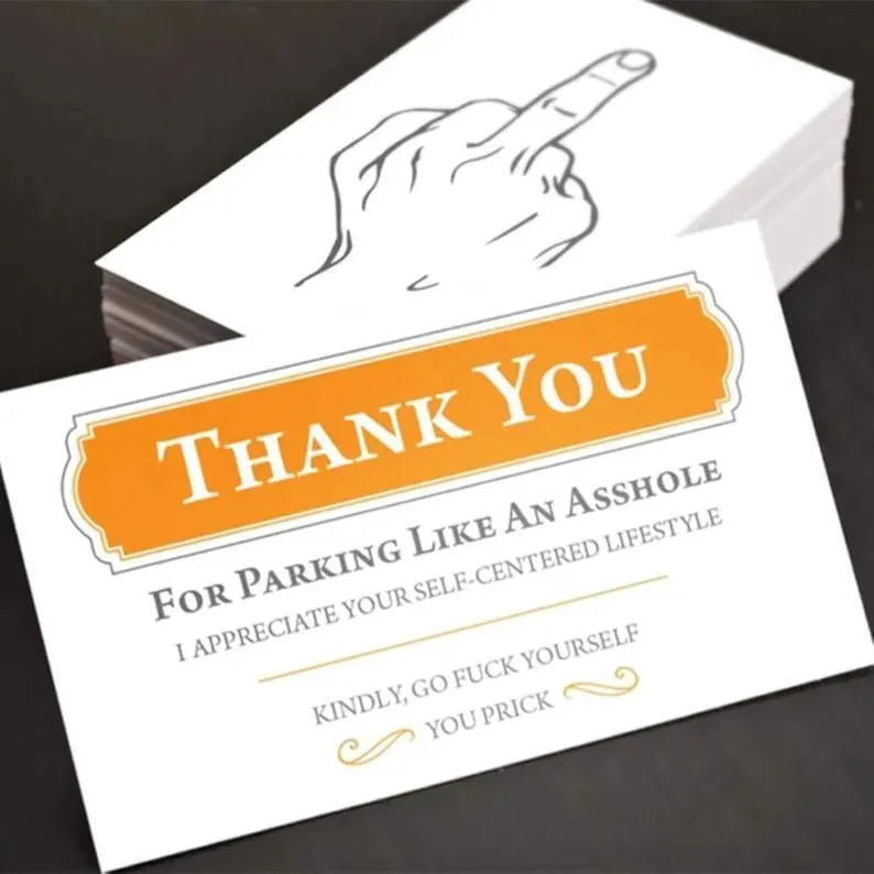 Illegal parking reminder card with middle finger design on paper with colour printing