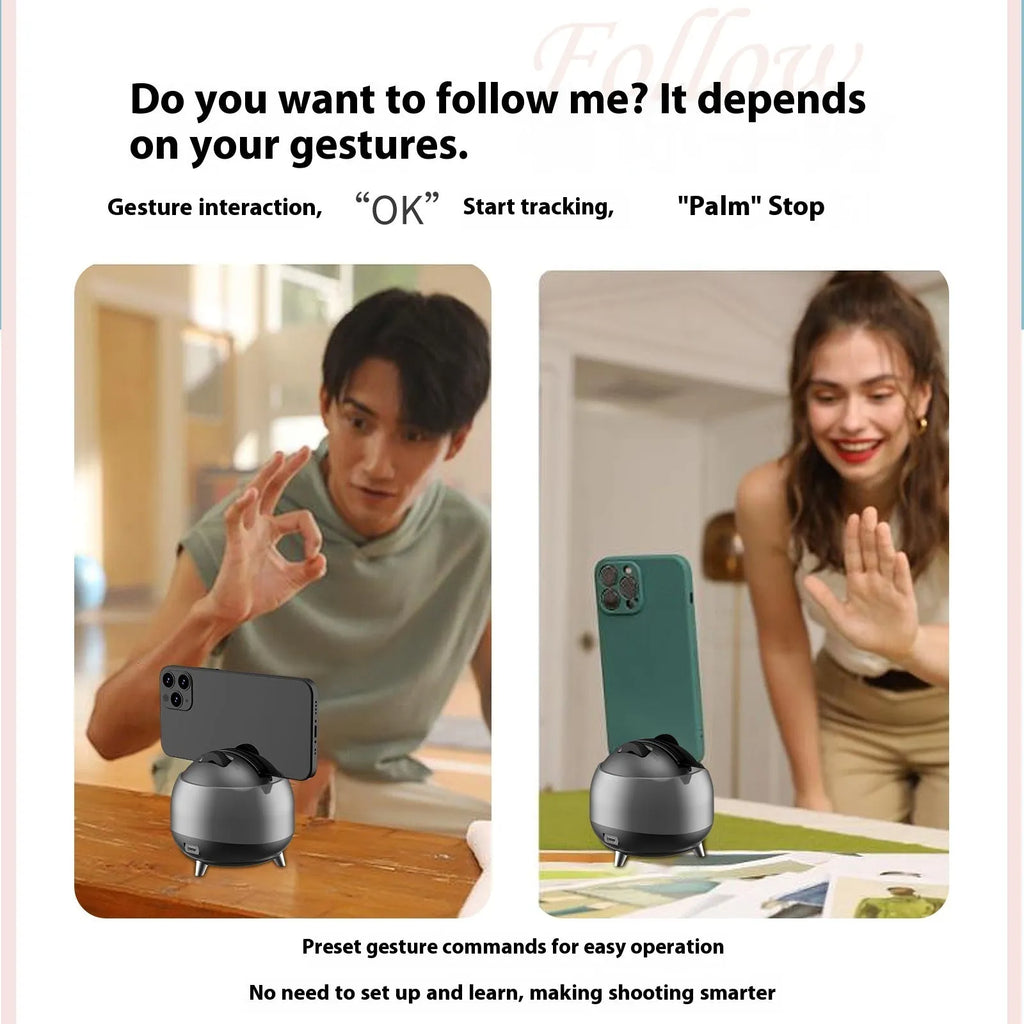 Q8 dual-axis AI face recognition phone stabiliser with ABS housing on a desk