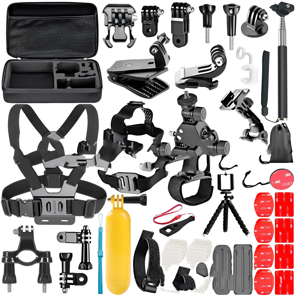 Black GoPro accessories set showing chest strap, helmet mount, mini tripod and iPhone holder for action filming