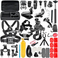 Black GoPro accessories set showing chest strap, helmet mount, mini tripod and iPhone holder for action filming