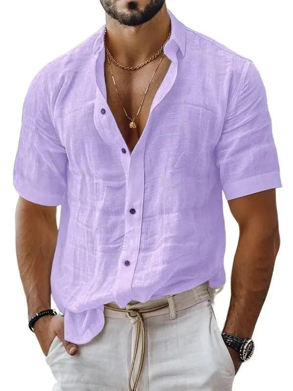 Men's short sleeve lapel shirt in a solid colour, showing cardigan style and polyester fabric.