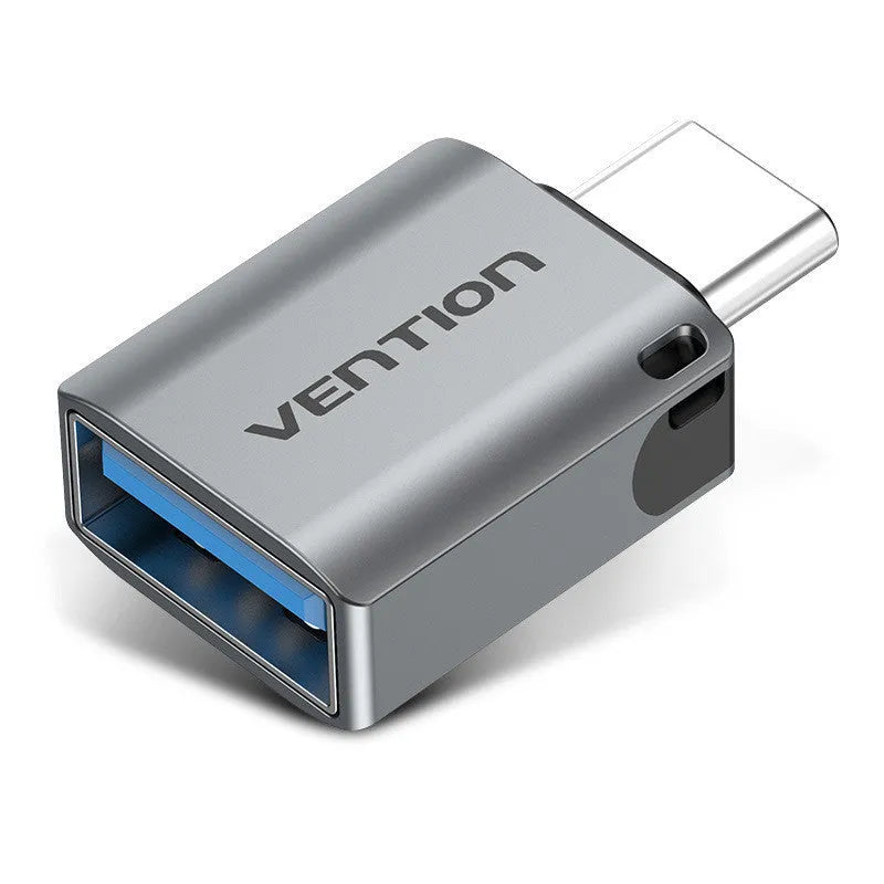 Grey aluminium alloy USB 3.0 Type-C Male to Type-A Female OTG adapter with attached lanyard.