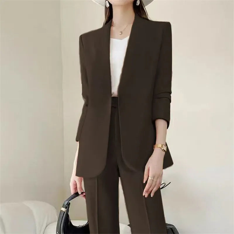 Korean-style women's business suit set in beige, polyester blazer and trousers, on a model in a studio setting