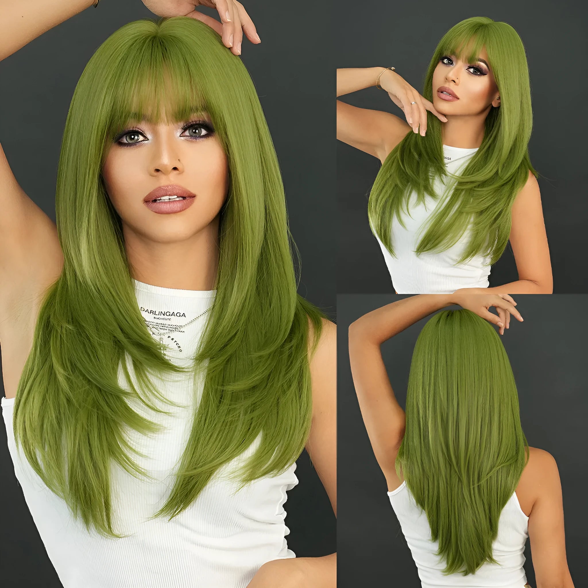 Vanilla green straight women's wig measuring 63cm long with bangs
