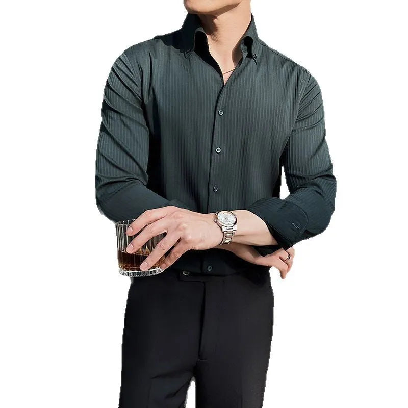 Men's striped V-neck long sleeve casual shirt in polyester blend fabric available in multiple colours