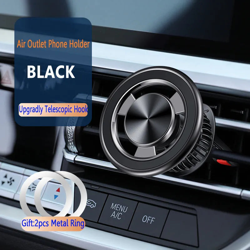 Magnetic car air vent phone holder with alloy bracket in silver colour showing 360-degree rotation adjustment