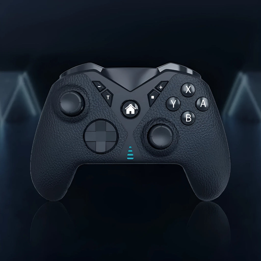 Black wireless game controller with leather-pattern grip for Nintendo Switch, PC, and mobile phones.