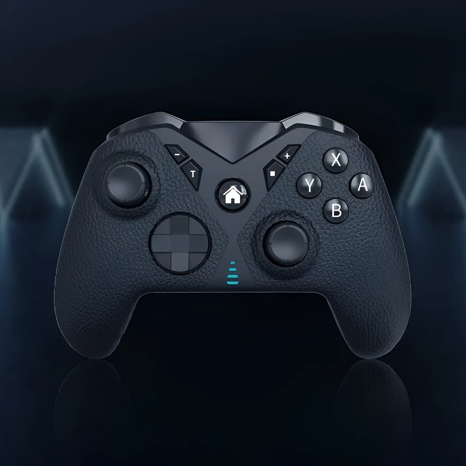 Black wireless game controller with leather-pattern grip for Nintendo Switch, PC, and mobile phones.