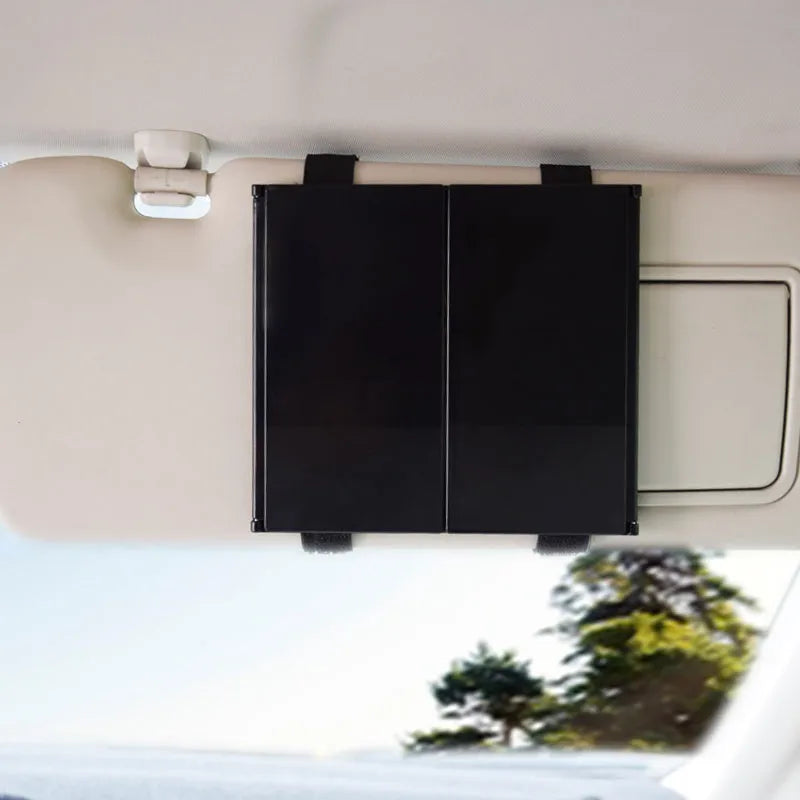 Silver car visor folding makeup mirror shown closed and open, with ABS plastic frame.