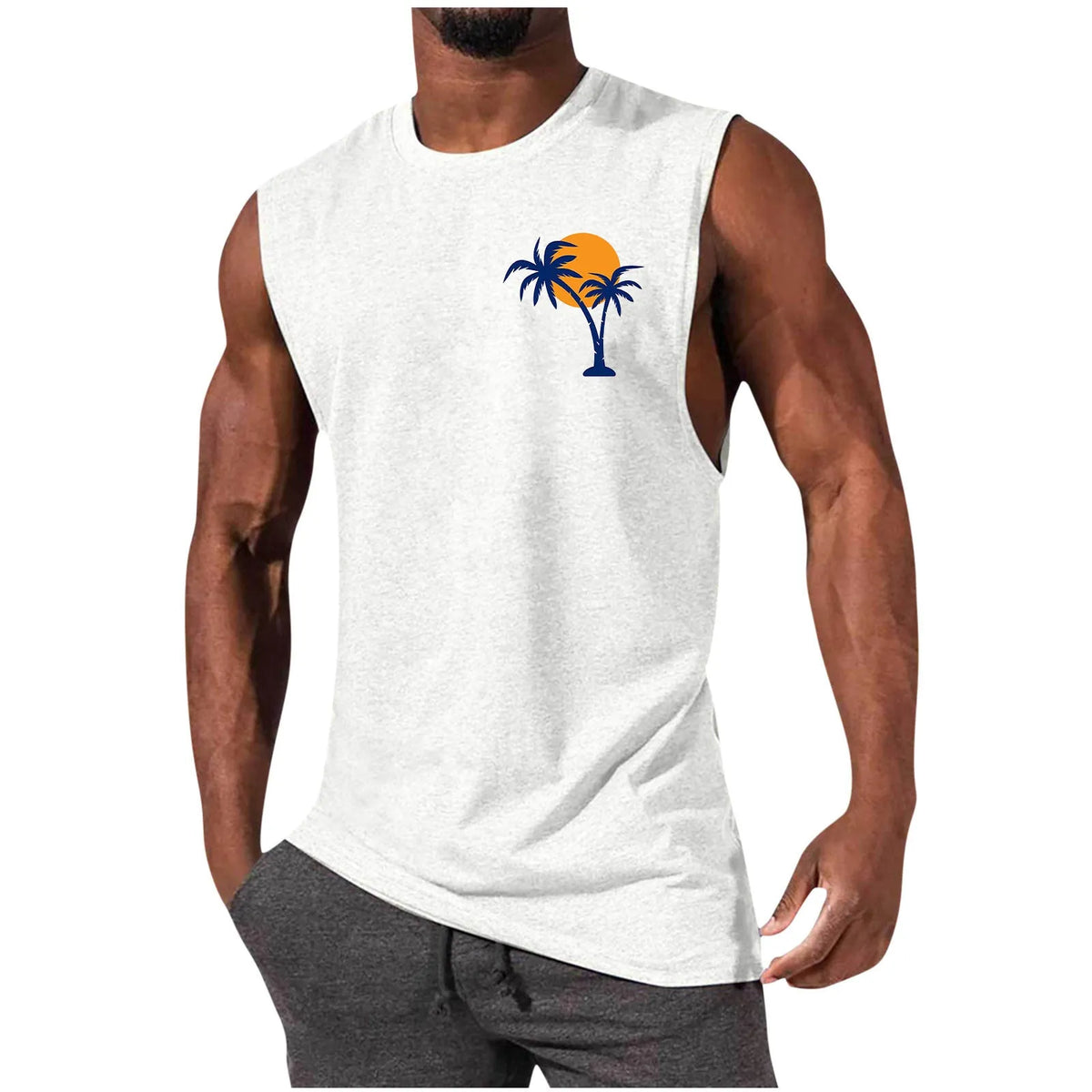 Mens sleeveless T-shirt, loose summer sports vest, polyester milk silk, digital print pattern, straight hem, hip hop style.