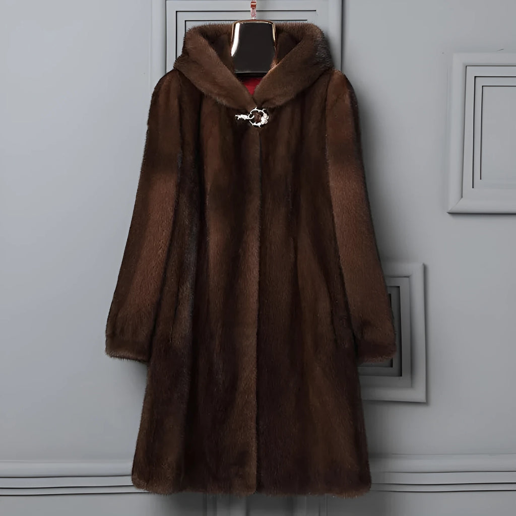 Women's black faux fur hooded coat for autumn and winter street fashion