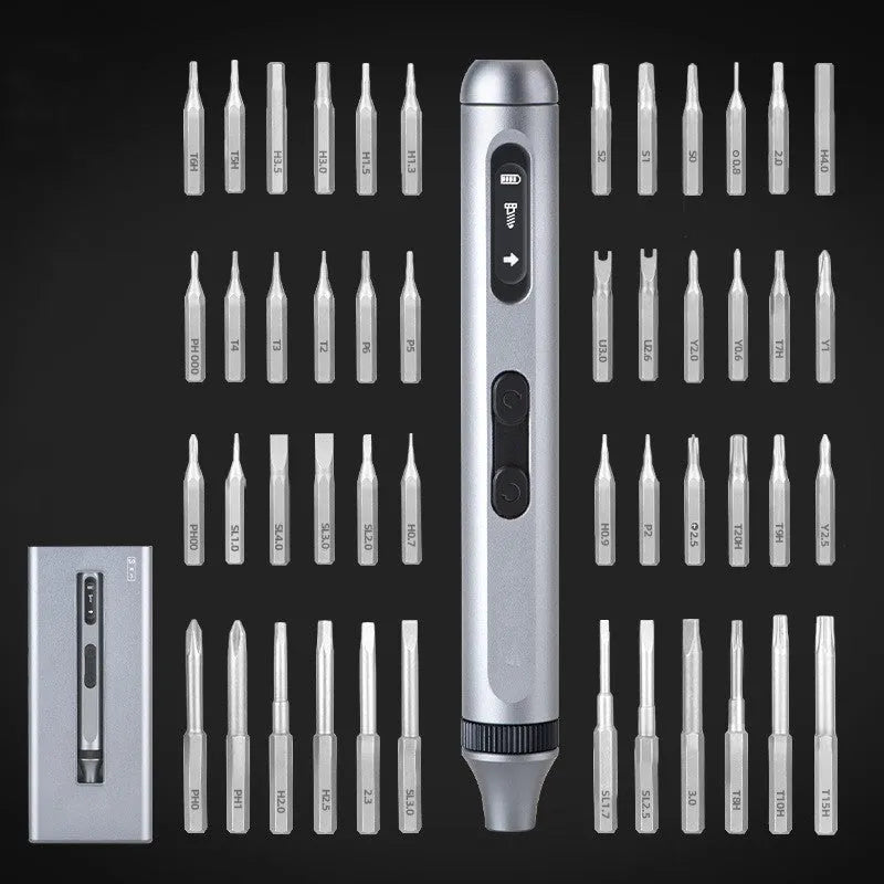 Aluminium-handle precision electric screwdriver with display showing 134.5mm length and included bit set.