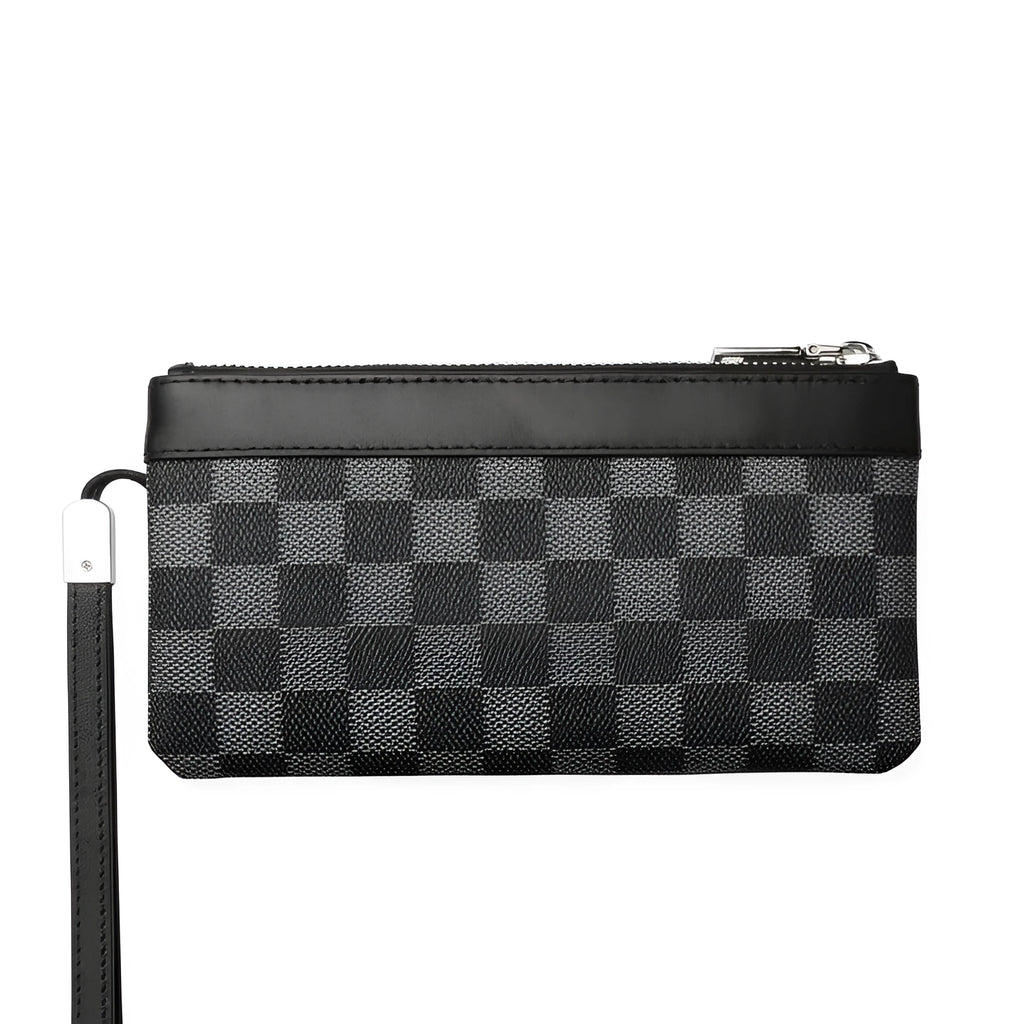 Black men's leather clutch wallet showing plaid lining, closed view