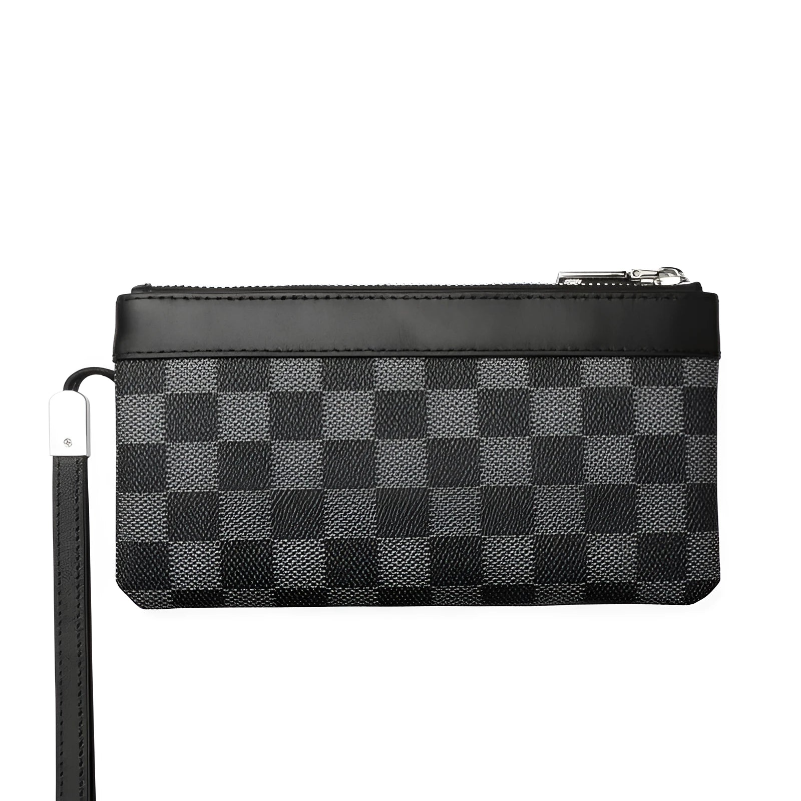 Black men's leather clutch wallet showing plaid lining, closed view