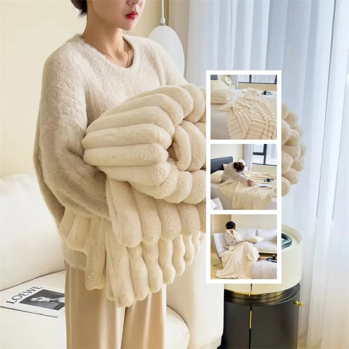 Soft Wind double-sided thick faux rabbit fur blanket in solid colour showing bubble velvet texture